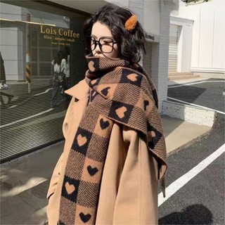 新竹出貨♕格子心形圍巾,韓版風格加厚Y2K方格圍巾,優雅針織長暖暖的冬季羊絨披肩男女通用