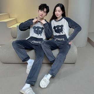 女M-XXL男L-4XL情侶法蘭絨睡衣冬季珊瑚絨卡通家居服