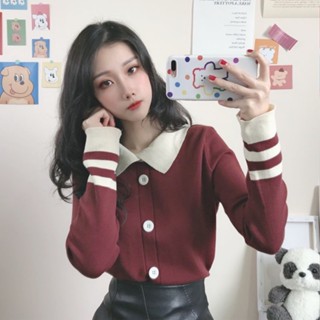 【免運出貨】2024秋季韓版寬鬆娃娃領長袖套頭針織衫女復古毛衣法式溫柔風上衣