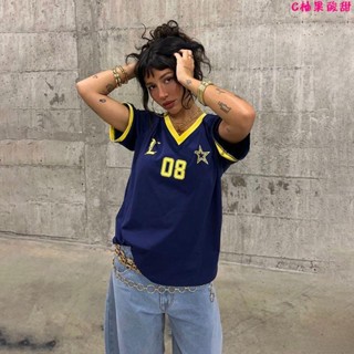 美式中長版球衣🎀美式休閑運動風撞色V領短袖上衣數字印花寬松百搭T恤女