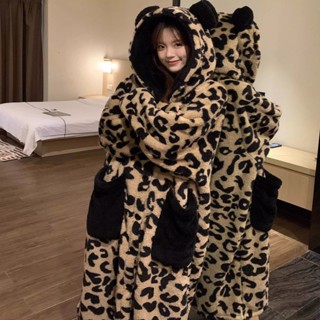 小熊豹紋珊瑚絨睡袍女秋冬季加絨加厚家居服睡衣套裝絨毛睡衣 長袖保暖家居服 珊瑚絨上衣 法蘭絨上衣 搖粒絨睡衣 睡衣可愛