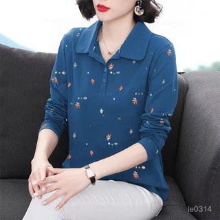 🔥48H出貨 100%純棉媽媽裝上衣 媽媽裝 中年女裝 秋季上衣女 大碼寬鬆中老年polo衫女長袖T恤 中年媽媽T恤衫