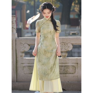 新中式奧黛旗袍改良2024新款年輕少女綠色連衣裙中國風禪意茶服旗袍連衣裙裙子復古旗袍高階感連衣裙修身旗袍改良旗袍女裝