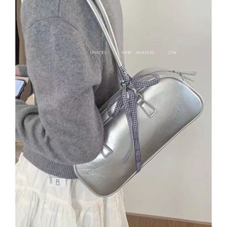 【臺灣出貨】【搭配洋裝】芭蕾風蝴蝶結手提銀色包包女士2025新款潮小眾腋下包大容量包