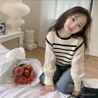 臺灣出貨🔥女童新款爆款針織衫 大童假二件朝流上衣 洋氣公主風條紋百搭衣 女童春秋爆款拚接假兩件針織上衣