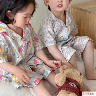 『兒童睡衣』夏季睡衣 居家服套裝 男童睡衣 女童睡衣 2024年韓國兒童家居服夏季男女童卡通睡衣寶寶開衫短袖長褲空調服