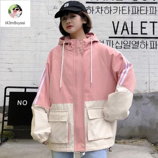 七喜服裝 初秋新款拼色外套女ins韓版寬松學生原宿連帽工裝風衣港味棒球服