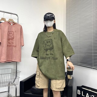 【chll】麂皮絨短袖 男 女 夏季 時尚 海綿寶寶印花短袖 寬鬆 潮流 ing 中性風 t恤百搭 抗皺 7e0l