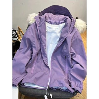 《優選》紫色連帽衝鋒衣女春秋季薄 美式複古衝鋒衣 小個子寬鬆休閒 防水防風 工裝 戶外登山 夾克上衣