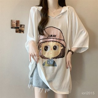 VOVA本鋪 超大碼女裝 可愛卡通印花連帽短袖 夏季 新款 中長款寬鬆T恤 顯瘦大圖案印花上衣 M-5XL