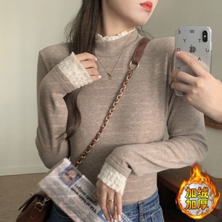 長袖蕾絲上衣女 含棉高檔蕾絲打底衫女冬季百搭2024新款洋氣半高領加絨加厚保暖衣 保暖上衣 蕾絲打底衫 網紗內搭衣 內搭
