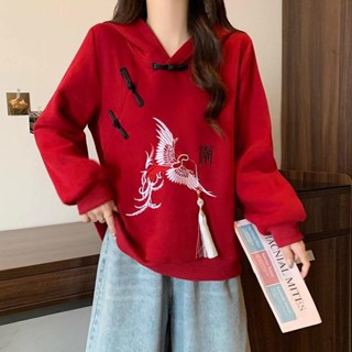 中式國風盤扣連帽女秋冬大碼胖妹妹加絨加厚寬松顯瘦紅色上衣 長袖上衣 國風上衣 中國風上衣 新中式上衣 漢服改良 大碼長袖