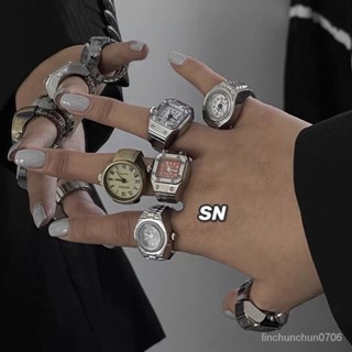 臺灣熱賣✅簡約時尚朋剋手錶戒指百搭小眾情侶手指錶迷你時鍾複古創意電子錶