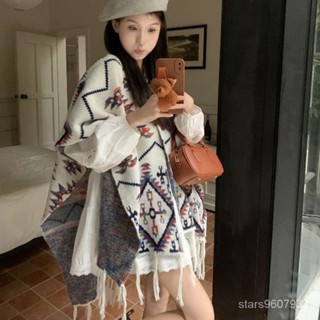 韓版上衣💖民族風針織提花鬥篷外套女裝氣質披肩秋冬季美拉德流蘇毛衣披風 NIL5