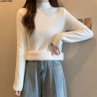 冬季加絨打底衫🏆 保暖毛衣女加厚加絨內搭女秋冬季半高領針織打底衫高階感白色上衣