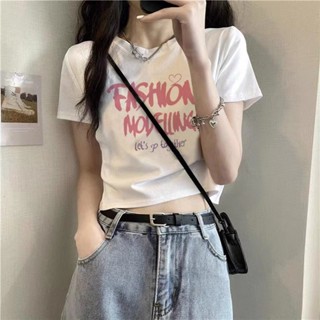 字母印花純棉T恤女上衣夏季ins高腰短款辣妹正肩白色短袖E113