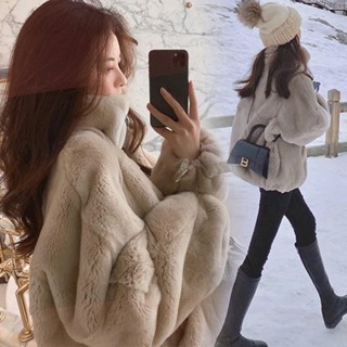 毛毛外套 韓版外套 保暖外套 女裝 短款連帽羊羔毛外套女 寬鬆仿獺兔毛外套 加絨加厚立領拉鏈外套 防風外套 冬天外套