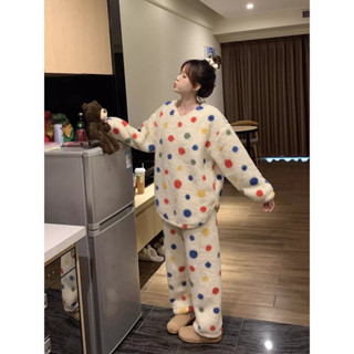 YC家🎀熱銷爆款 圓領彩點 珊瑚絨 加厚 女生睡衣 套裝 秋冬 加絨法蘭絨 可愛睡衣 長袖長褲 大碼睡衣 家居服 冬季