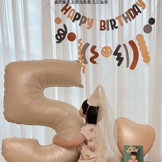💕森系寶寶周歲百天派對裝飾 40寸焦糖色數字氣球 毛氈橫幅拉花 兒童生日拍照道具