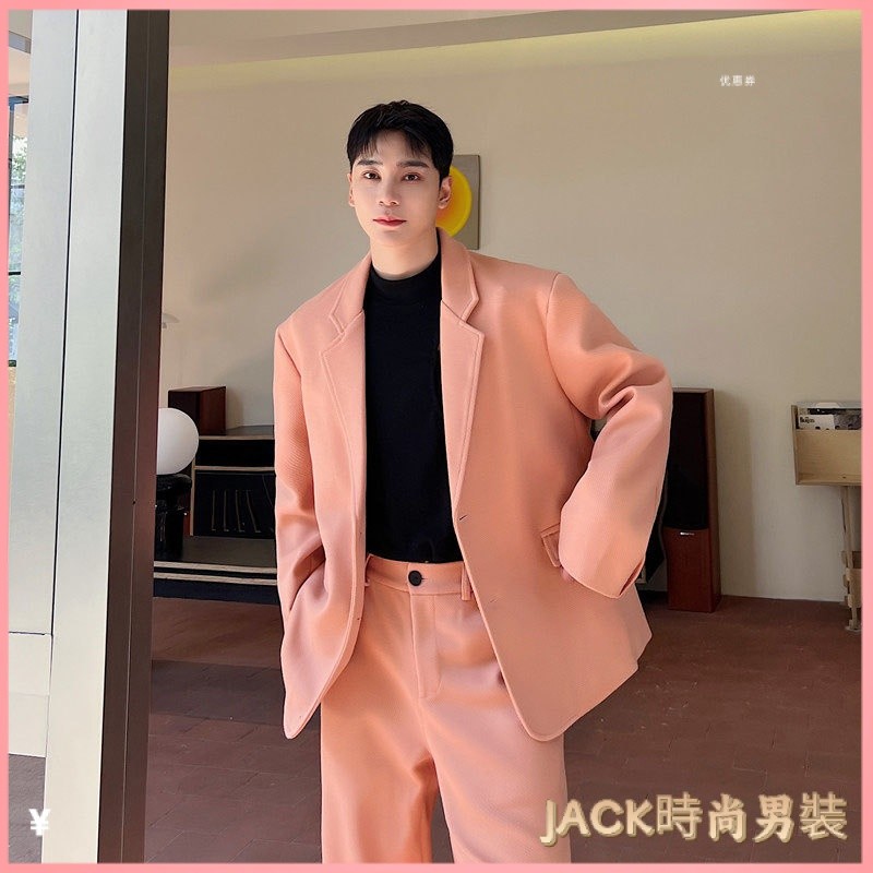 JACK- 西裝 秋冬款西裝外套 大尺碼男裝 韓版外套 秋冬新款粉色毛呢西裝外套男毛呢直筒休閒長褲西服套裝潮流兩件套