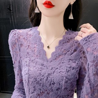 V領磨毛蕾絲 打底衫 內搭衣 女秋冬季新款內搭鏤空 小衫高階感網紗上衣HU