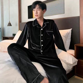 YLIE 男生睡衣 睡衣 長袖睡衣 睡衣男士秋冬金絲絨加肥加大碼保暖舒適開衫休閑家居服套裝可外穿