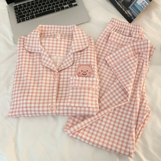 Umi 柚咪🌸 可愛loopy純棉睡衣女春秋季棉紗長袖甜美格子ins小海狸家居服套裝