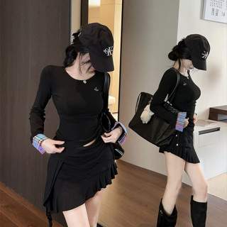 coco小姐✨韓版 小眾 秋季 新款 黑色 修身 刺繡 格子 拚接 長袖 T恤女 打底衫 上衣