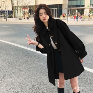 【Do·To】燈籠袖大衣 風衣外套 大衣 外套 大衣女 墨綠色風衣外套女中長款小個子春秋新款燈籠袖休閒百搭上衣保暖外套