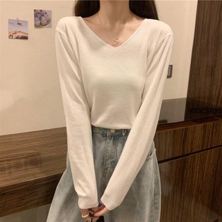 白色打底衫🧨 v領針織長袖白色t恤女2024年春秋季新款修身外穿打底衫女內搭上衣