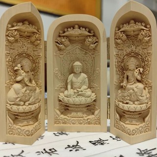 ♥全新特賣♥ 黃楊木雕 木雕 擺件雕像 佛像裝飾 實木雕刻 西方三聖佛 工藝禮品 木雕御龍觀音 桌面擺件 開運平安