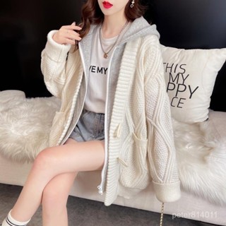 【PE】衛衣假兩件連帽毛衣外套女秋冬新款寬鬆慵懶風中長款加厚針織開衫