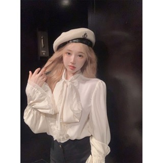 ViKi~韓版法式宮廷風蝴蝶結花邊拼接襯衣秋季新款寬松別致喇叭袖襯衫上衣女