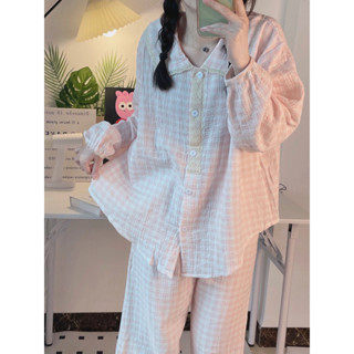 新店優惠 少女甜美 日係可愛 家居服 ins風甜美格子睡衣女春秋季新款花邊長袖長褲休閒簡約家居服套裝