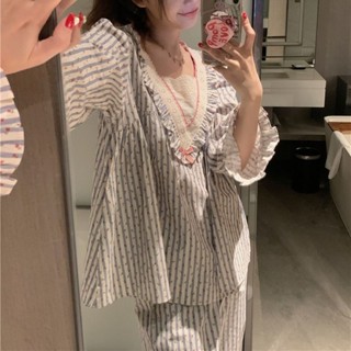 新店優惠 少女甜美 日係可愛 家居服 韓版ins春秋季新款甜美蕾絲花邊條紋長袖睡衣女學生兩件套居家服