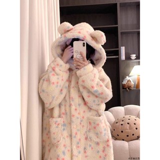 【桃園新品】新款少女彩色點睡袍女款冬季加厚加絨珊瑚絨睡衣秋冬季可外穿 睡袍 居家服 保暖睡衣