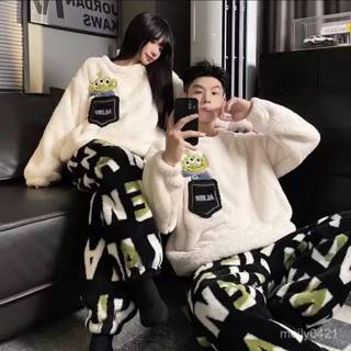 春秋季珊瑚絨情侶睡衣女新款加絨加厚保暖外穿休閒笑臉家居服套裝