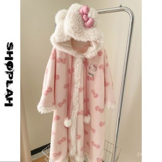 CC#SHOPLAH毛茸茸連帽kitty珊瑚絨睡衣冬季女款可愛大碼家居服睡袍女