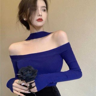 複古一字肩上衣女 新款純慾掛脖長袖t恤 打底針織衫 顯瘦洋氣毛衣 針織上衣 小性感一字領上衣 女裝