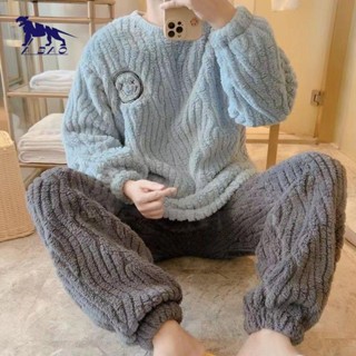 『阿豹』睡衣男冬季款加厚加絨珊瑚絨新款男士簡約保暖毛絨家居服套裝 男生睡衣 家居服男