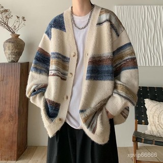 【H2O】毛衣針織衫 秋冬季新款 情侶設計感 針織上衣 外套 複古 慵懶風 撞色條紋 開衫毛衣男