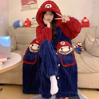 2024新款睡衣女秋冬季長袍珊瑚絨加厚卡通家居服套裝法蘭絨睡袍