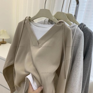 韓系奶茶色假兩件 連帽衛衣 抽繩v領帽t 女 寬松長袖 秋冬季套頭上衣 ins大學T 衛衣 個性潮流帽T 學生設計感衛衣