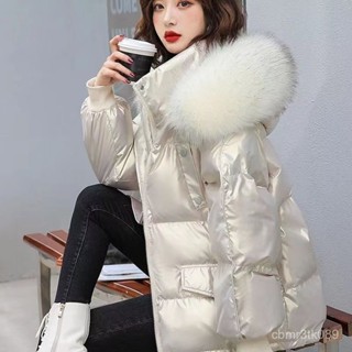 商場撤櫃毛領衣鴨鴨羽絨服女矮個子麵包服鴨絨亮麵免洗加厚短外套 白鴨絨 保暖 防寒 羽絨外套連帽1101 QEOC
