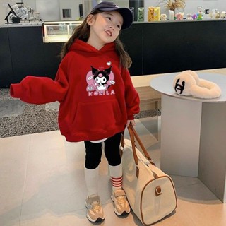 、秋季特賣、🔥女童紅色2024加絨加厚新款庫洛米兒童連帽中大童春秋上衣衛衣外穿