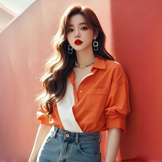 219超值 襯衫🌷橙色拚接長袖襯衫襯衣2024早秋季新款女設計感獨特超好看別緻上衣