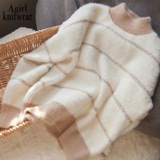 原版精品 秋冬新款半高領仿水貂絨毛衣女寬松慵懶風外套頭加厚針織衫打底潮秋冬上衣 毛衣服 厚毛衣 洋裝上衣 上衣女