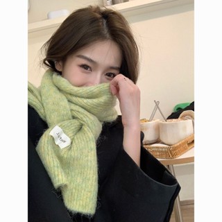 有點東西🧣韓版羊毛綠色針織圍巾女冬季貼布純色學生保暖毛線圍脖男情侶秋冬圍巾 圍脖 保暖