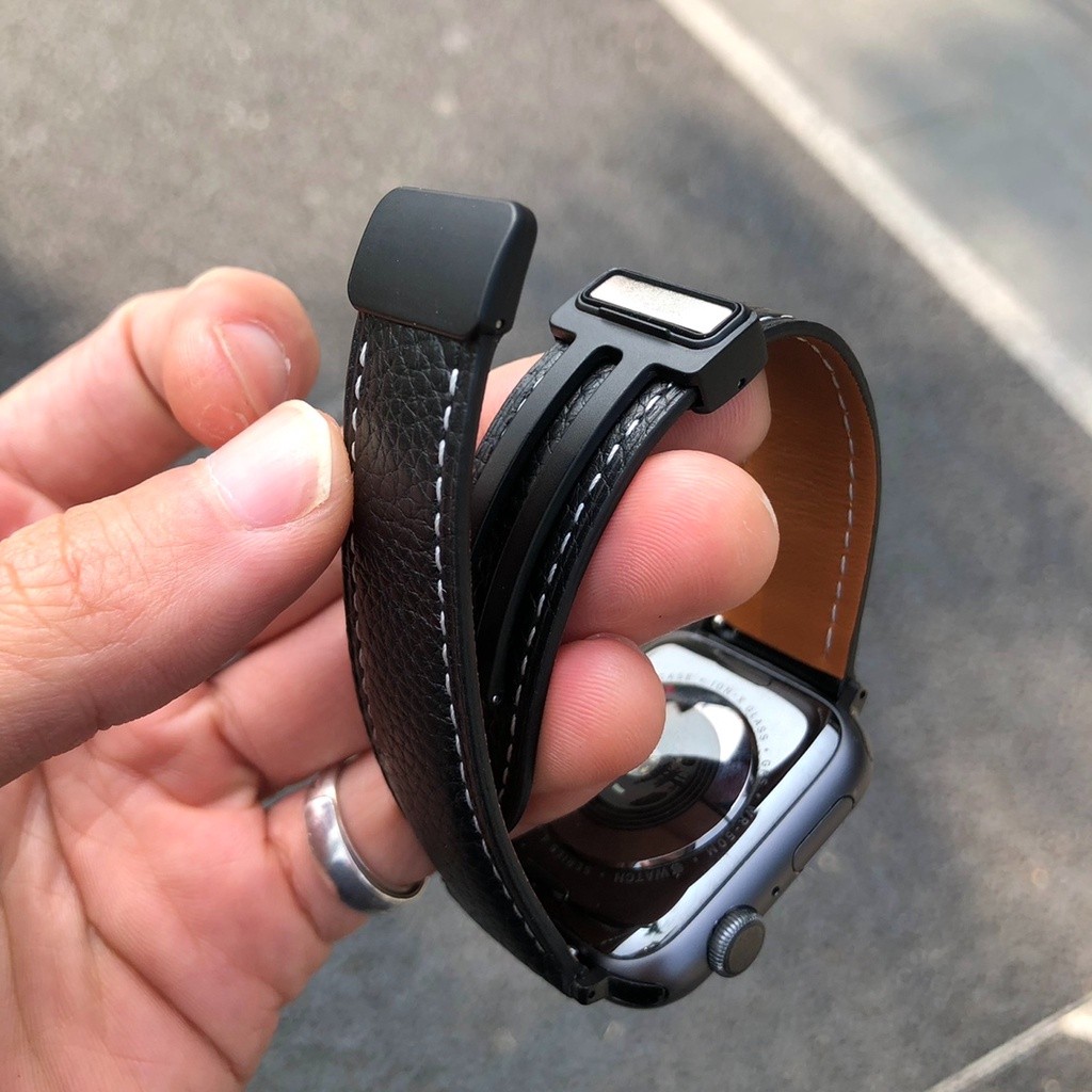 真皮錶帶 磁吸折疊扣 適用於 Apple Watch 錶帶S11 10 9 8 7 6 5 SE 替換表帶 46mm