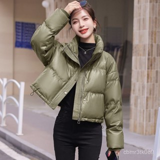 美拉德立領新短版冬季小個子時尚麵包保暖加厚pu皮羽絨棉服女 短款 加厚麵包外套 韓國 羽絨外套連帽1110 CSQK